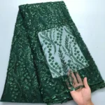Green French Mesh Bridal Lace Fabric Beads African Sequins Lace Fabric