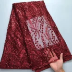 Red French Mesh Bridal Lace Fabric Beads African Sequins Lace