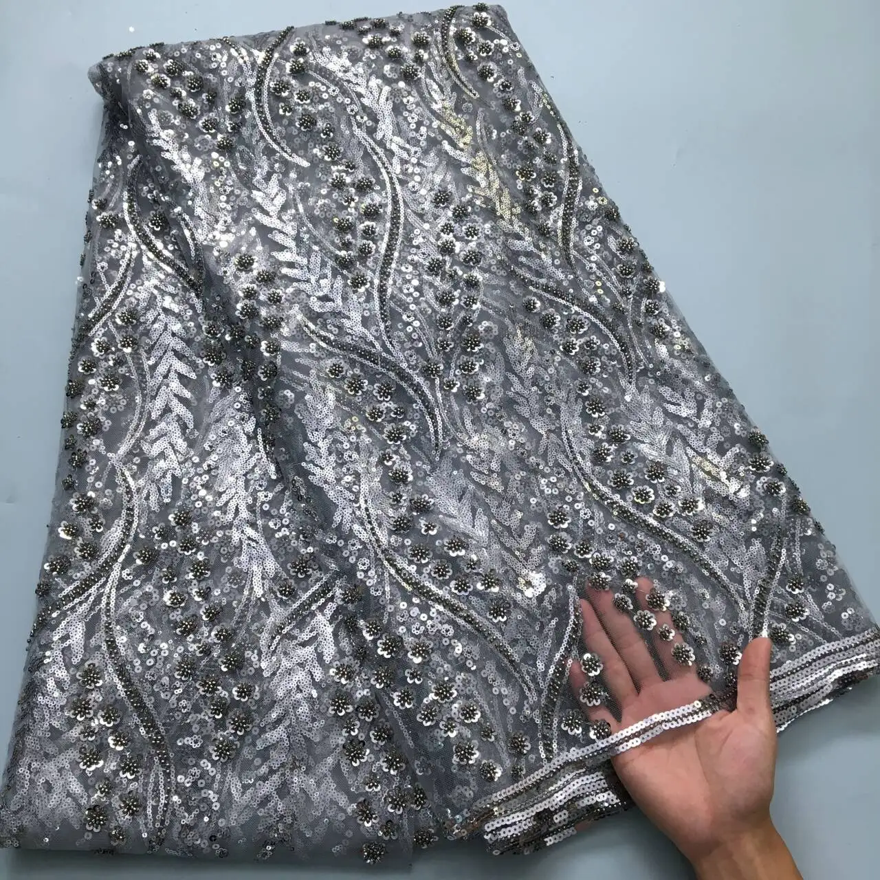 kf-Scc711c950c13495290ba4ca7f215bf909 SJD LACE French Mesh Bridal Lace Fabric Beads African Sequins Lace 2025 Hot Sale Nigerian Beads For Women Wedding Dress Sew 3803 - Image 1